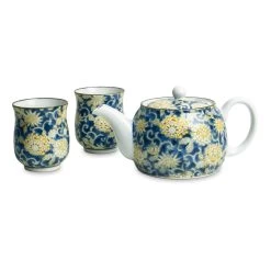 Blue Floral Japanese Tea Pot And Cups Set