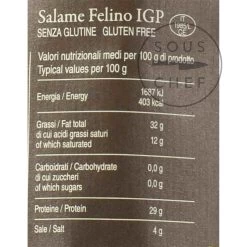 Salami Felino IGP Riserva, 290g -Kitchen Serie Store FP0005 SalamiFelinoIGPRiserva290g Nutrition2